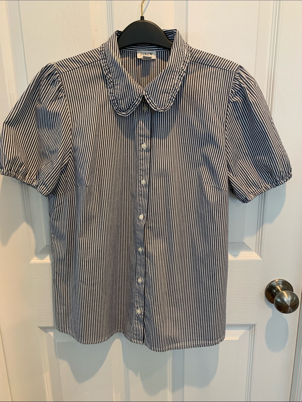 J. Crew Blue and White Striped Puff-Sleeve Button Shirt Medium